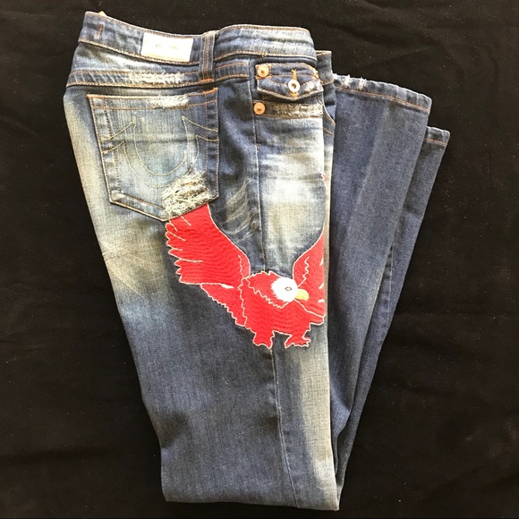 LeDonne Denim - Unique boot cut jeans with eagle appliqué, sz 8